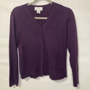 Jennifer Moore Petites S Purple Embroidered Floral Cardigan Button-Up Sweater